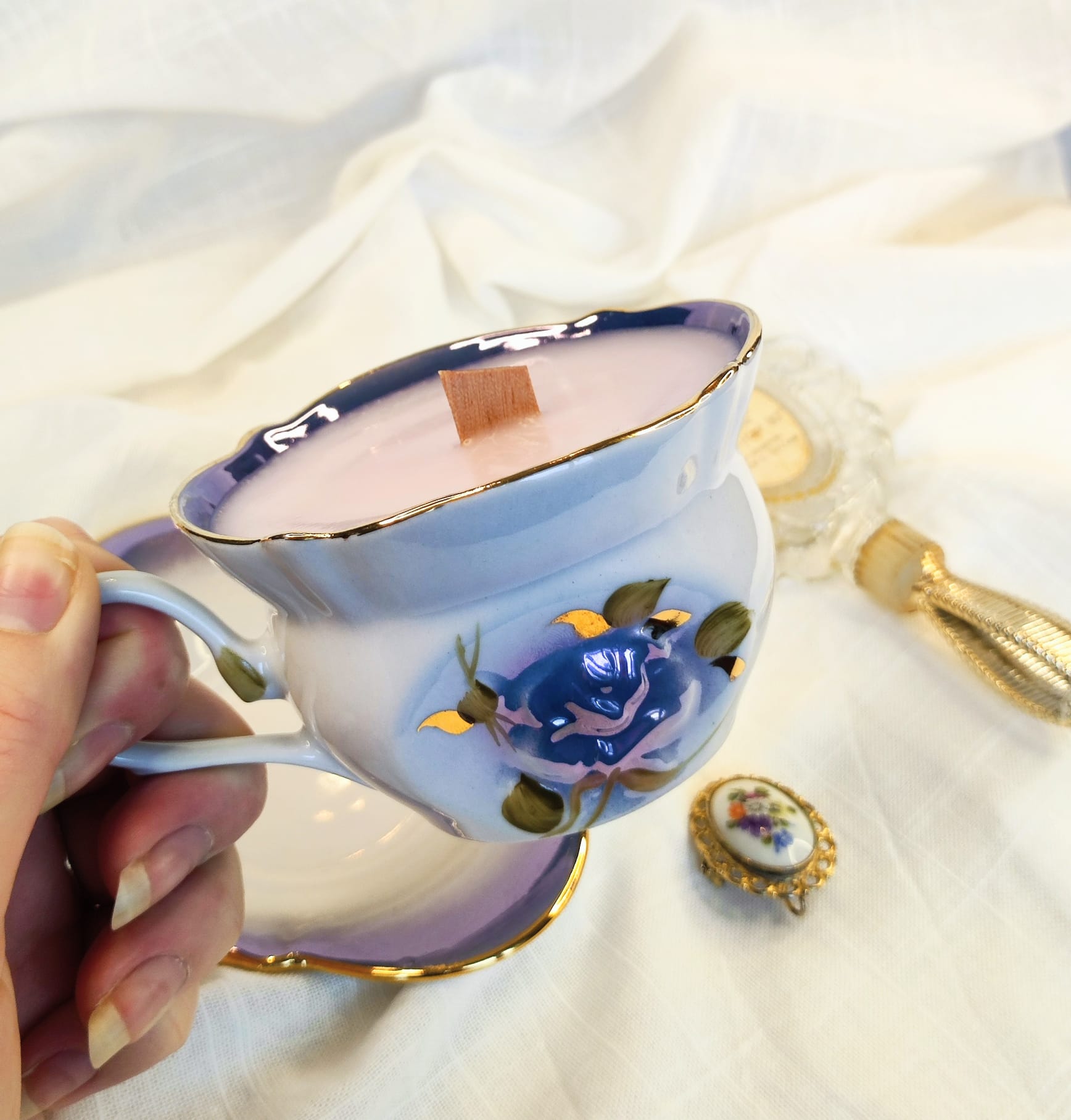 Bougie violette tasse ancienne vintage – Image 3