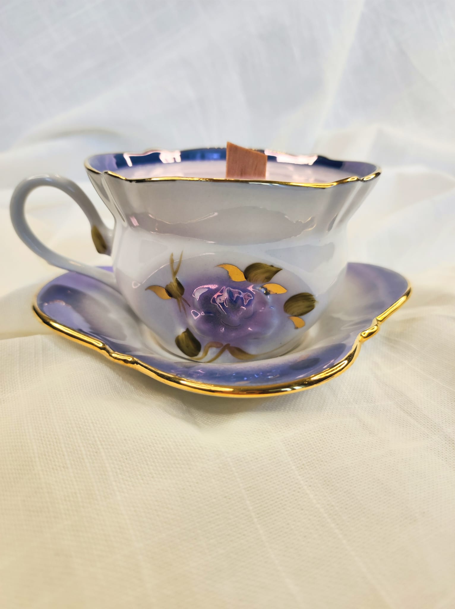 Bougie violette tasse ancienne vintage – Image 5